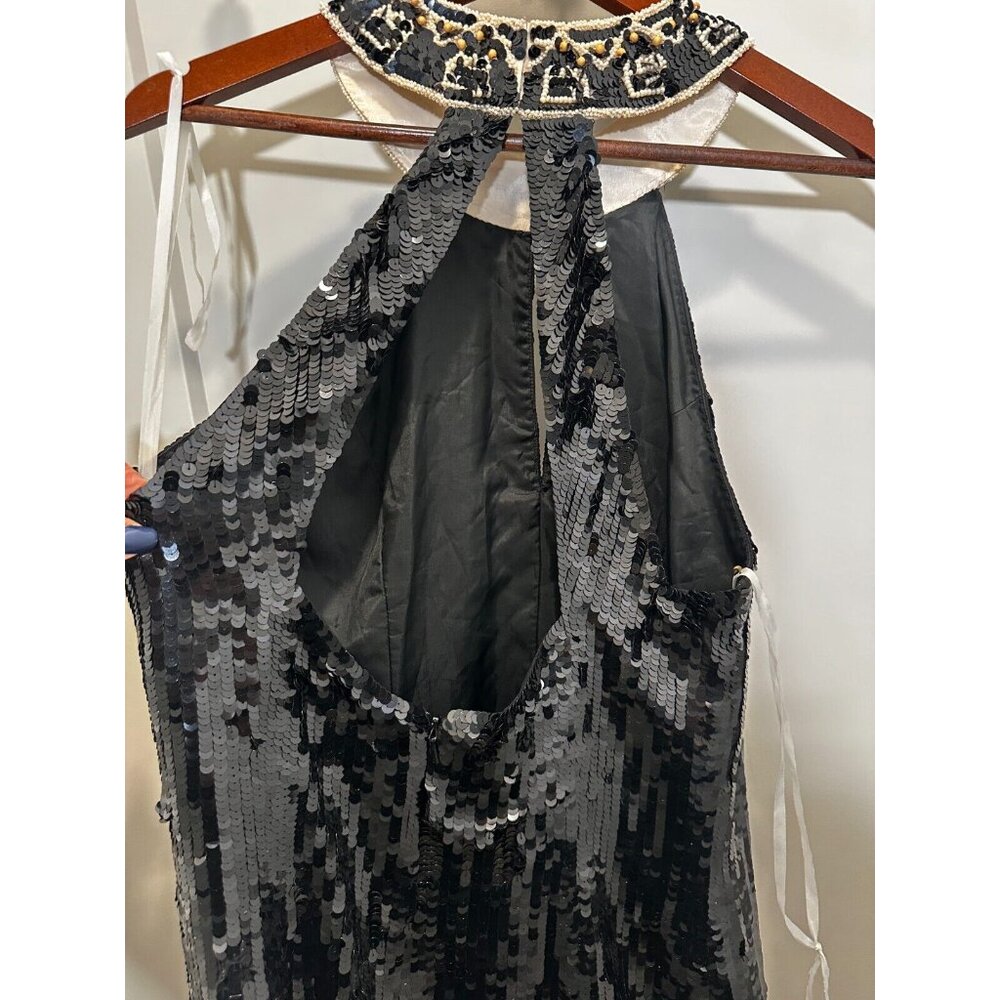 AJ Bari Vtg Halter Neck Black and White Silk Sequins Short Dress Size S - Picture 10 of 13